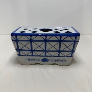 Antique Delft Blue & White Porcelain Faience Flower Frog Vase Brick 6"